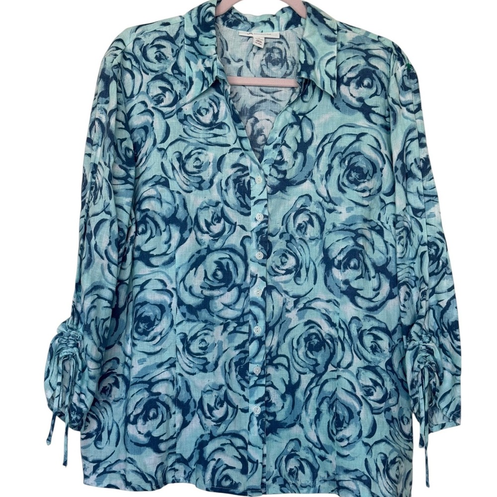 JM Collection Linen Blue Button down Shirt Size 18 Coastal grandma, artsy
